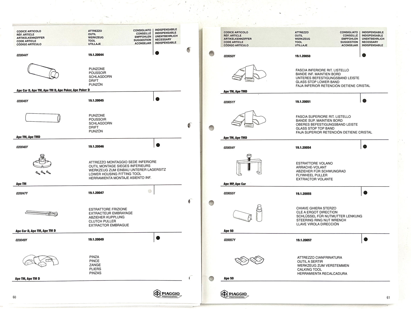 Catalogo attrezzi per veicoli Piaggio